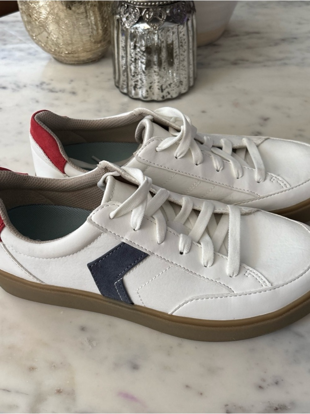 Dr. Scholl's White Sneakers with Navy and Red Accents